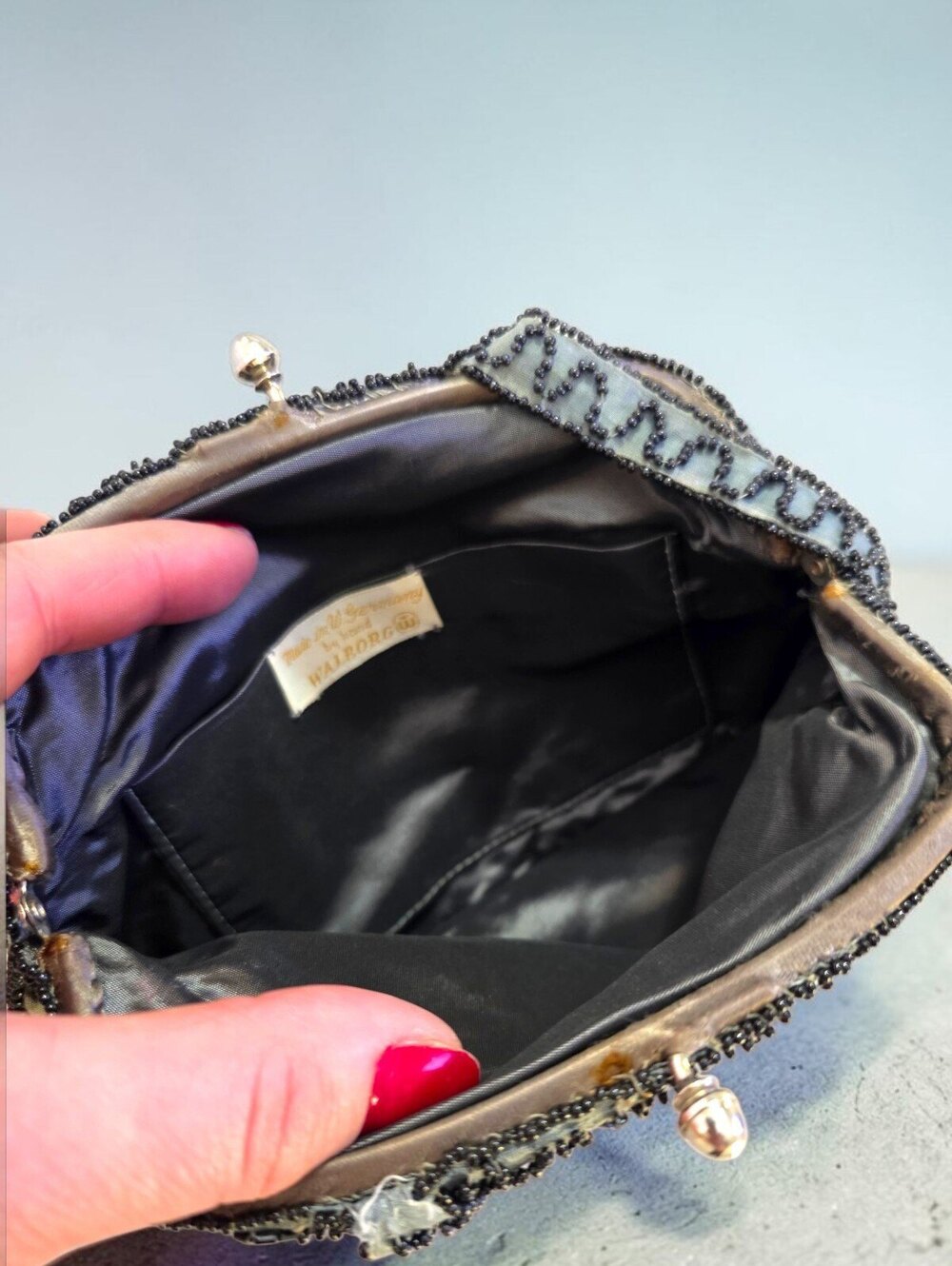 Vintage Walborg Made in W Germany Black Beaded Evening Bag Kiss Lock Handbag - Picture 5 of 6